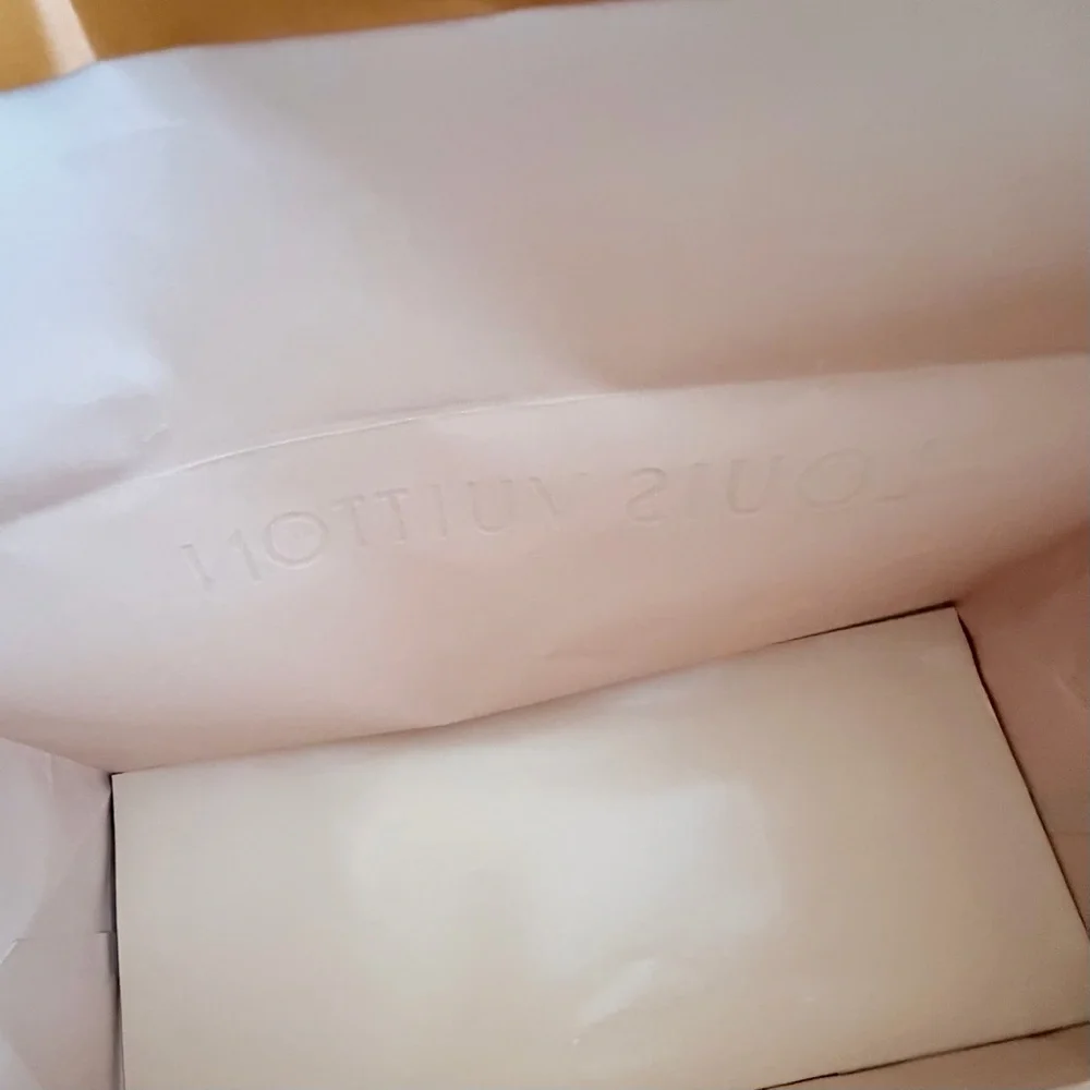 Louis Vuitton XL HTF Orange Brown Paper Gift Shopping Box Bag Blue Handle